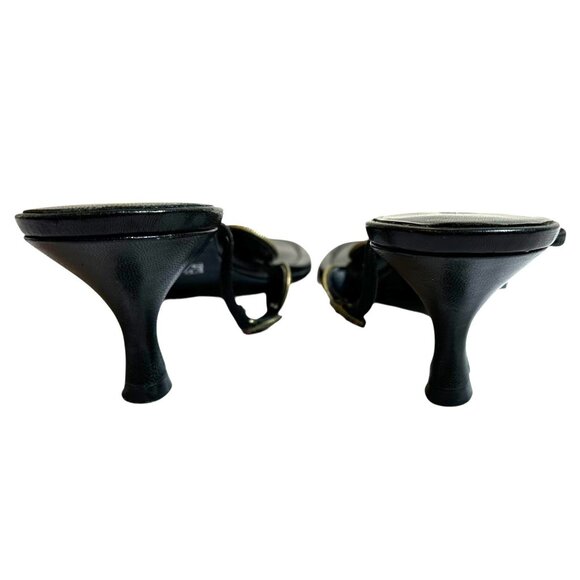 Franco Sarto Black Leather Concha Medallion Thong Kitten Heel Sandals Size 9.5 M - Picture 7 of 9